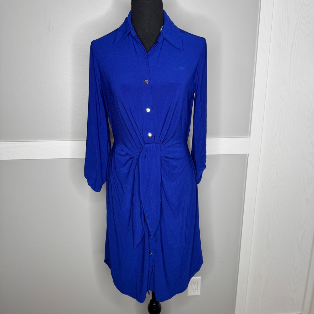 Emma & Michele Royal Blue Tie Front Button Up Shirt Dress Womens Medium 103231